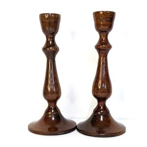 Vintage Walnut Wood Candlesticks Hand Crafted Set of 2
